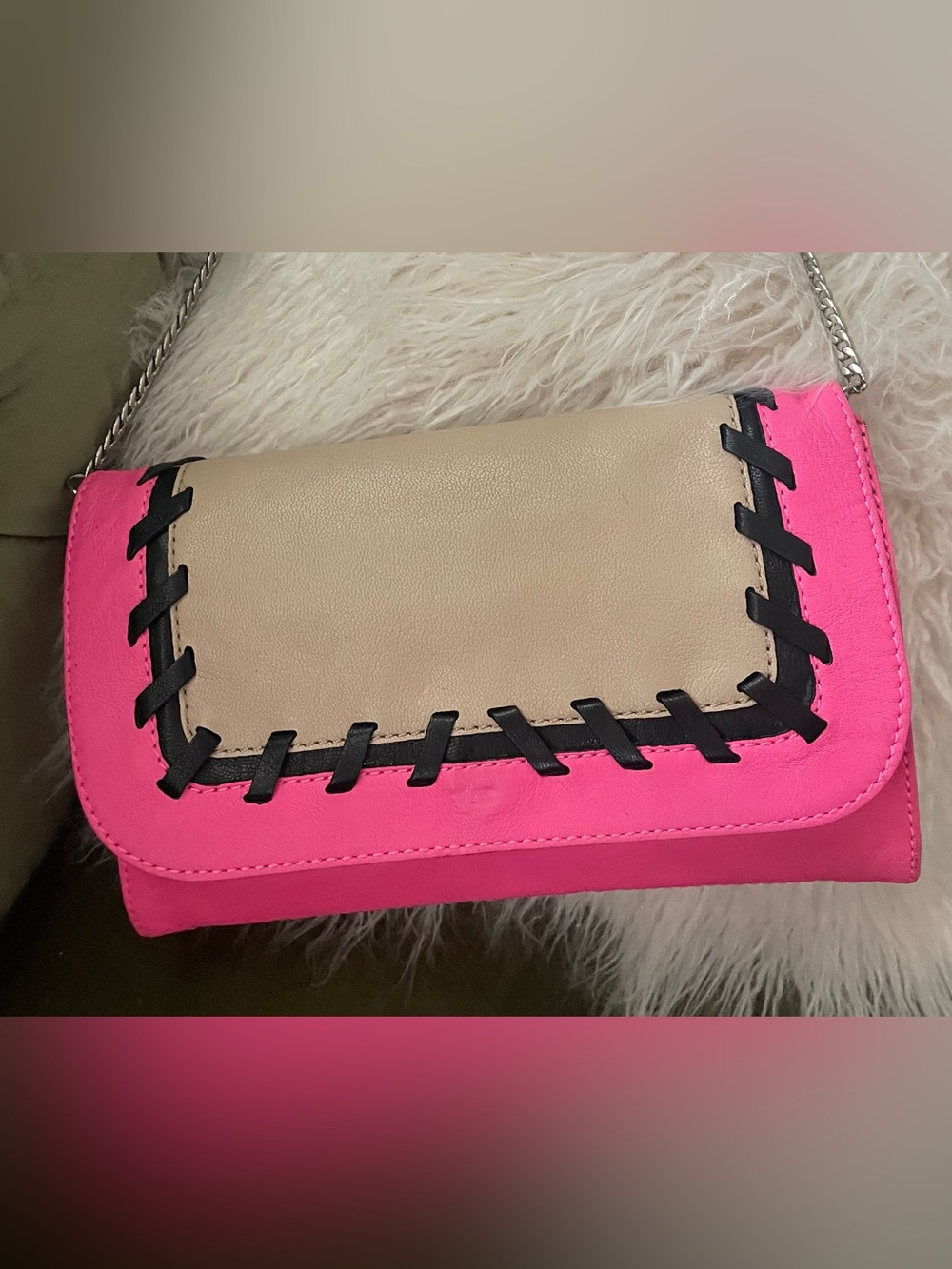 Milly Hot Pink/Light Taupe Leather Envelope Purse With Black Whip Stitching
